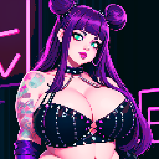 Portrait of Thicc, curvy, busty goth babe with studded collar, long purple hair in buns, fishnet stockings, studded halter top.  neon signage. pixel art, sRGB.
