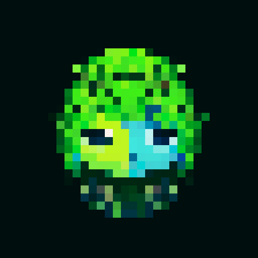 A wise, ancient guardian with a body covered in moss and vines, and deep, glowing blue eyes. It has a calm, serene expression and exudes an aura of ancient wisdom and tranquility. No background.
