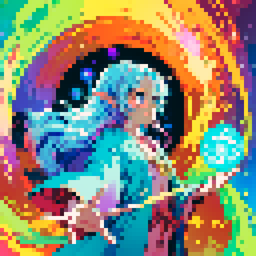 wizard, pixelated character, vibrant colors, magical staff, flowing robes, glowing runes, enchanted forest, shimmering spell, sparkling fireball, swirling vortex, whimsical creatures, old tome, ancient ruins, mystical symbols, ethereal glow, intricate details, nostalgic video game vibes, retro aesthetic, vibrant pixel art, magical ambiance