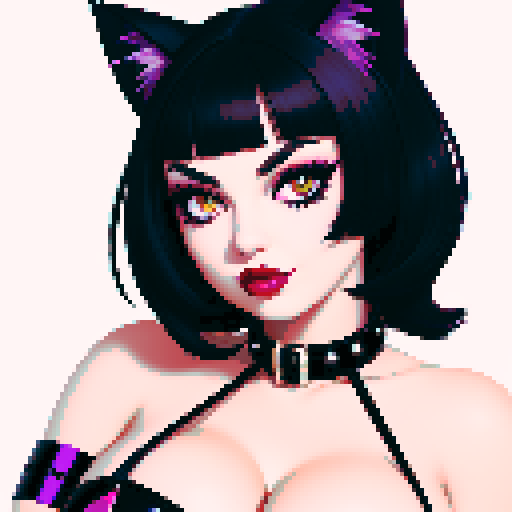 Cat girl, curvy, cute goth woman with black hair, purple eyeshadow, and red lipstick, wearing a bikini, studded collar, portrait, face avatar, in a glamour shot, sRGB color