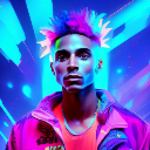Vibrant Ekko with electric blue hair and glowing time-traveling device, captured in a dynamic full-body portrait with bold graphic lines and a neon color palette.