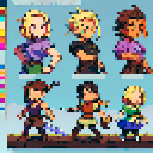 2D character, blond hair, vest, sword in hand, sprite sheet, walking, running, fighting animations, purple shirt, exposed chest, black hair, brown boots, muscle growth, pixel art style, sRGB colors
