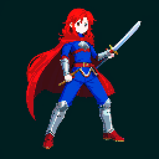 JRPG character with red hair, silver armor, blue pants, black cape, brown shoes, wielding a sword, rendered in pixel art style with vibrant sRGB colors