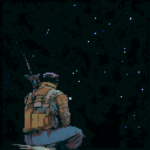 Lone man holding his sword of a starry night sky