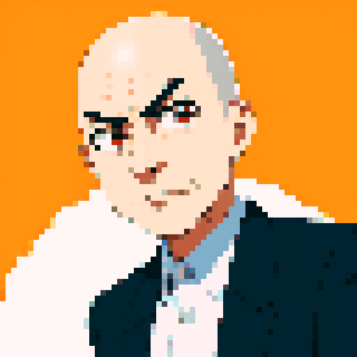 minister of foreign, serious expression, bald,  close-up, confident stance, anime style, pixel art, suit, front view, serious expression, 60-years-old