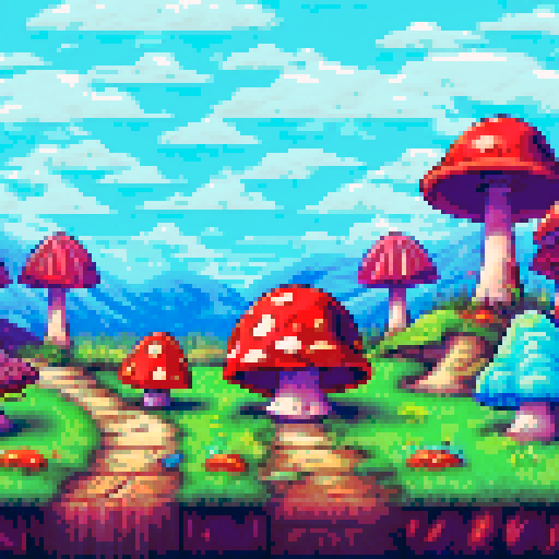 fantasy mushroom hut with fairies flying, whimsical pastel-colored leaves, light shining through trees, landscape