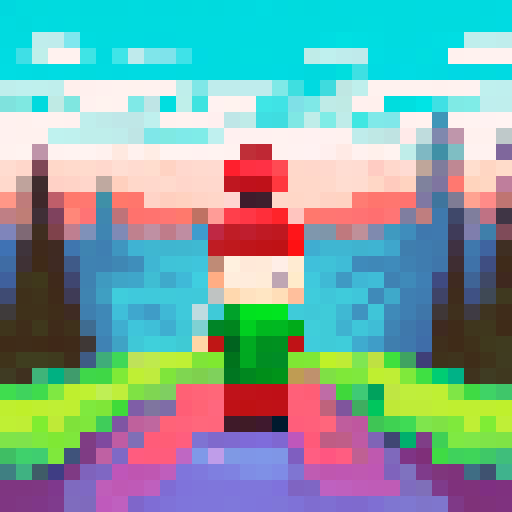 Pixel figure, with a green cap and a bright red scarf, standing on a snow-covered hill with a few trees in the background