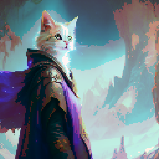 Serious cat, glowing eyes, wielding a magical staff, in a majestic robe, surrounded by floating crystals, amidst a mystical forest, with a castle in the distance