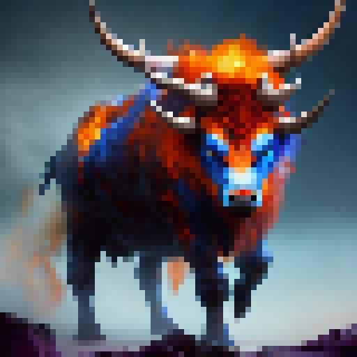 Bull with fiery blue horns and eyes, snorting flames from its nostrils, standing in a dark forest with magical runes etched into the ground and a full moon overhead, ready for battle in a Fantasy RPG.