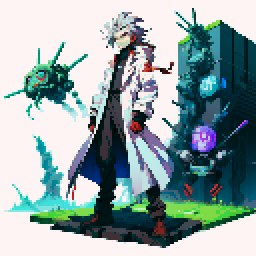 full-body image mad scientist facing left, ready to fight, robot backdrop