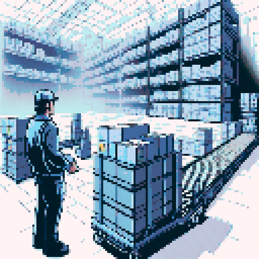 visualize a warehouse worker standing in the middle. On his front is the mouth of a conveyor belt, transporting boxes. On his back is a trolley brimming with boxes 
