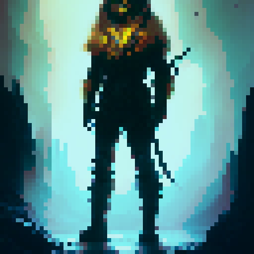 werewolf-humanoid, fierce expression, glowing yellow eyes, sharp fangs, muscular build, fur-covered body, wielding a massive battle axe, wearing tattered leather armor, standing amidst a misty forest, moonlight casting an ethereal glow on its figure, surrounded by mystical creatures