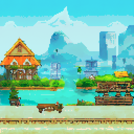 a pixel park with city background