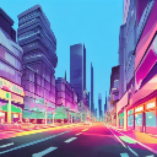 Neon-lit skyscrapers tower over bustling streets filled with chrome-colored cars and graffiti-covered walls in this top-down, GTA2-style cityscape inspired by the vibrant energy of Los Angeles.