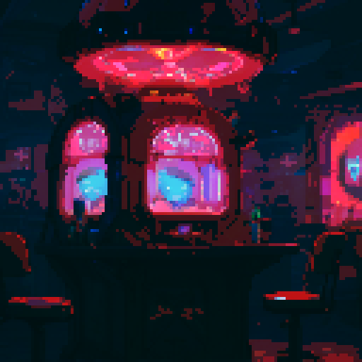 Tavern, neon lights, robotic bartender, holographic menu, retro arcade games, futuristic patrons, pixelated characters, vibrant colors, glowing cocktails, futuristic furniture