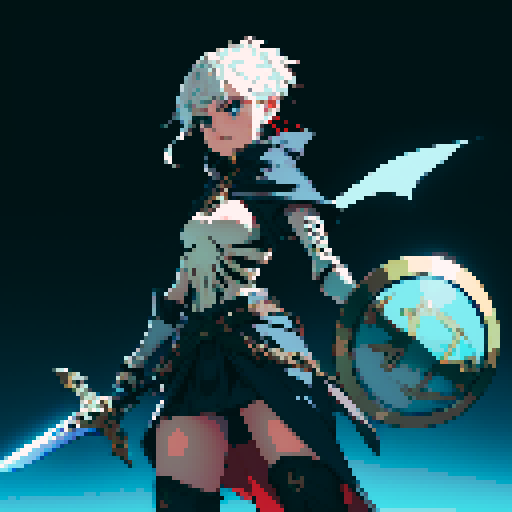 skeleton, sword, shield, poised, striking, sRGB, pixel art