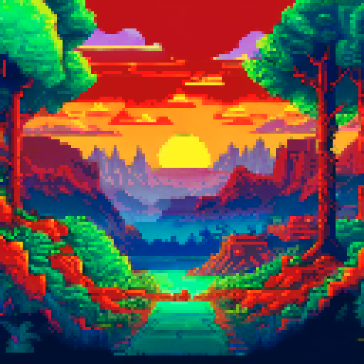distant cityscape, vibrant sunset hues, twinkling stars, towering cliffs, dense forest, sRGB, pixel art, background, landscape