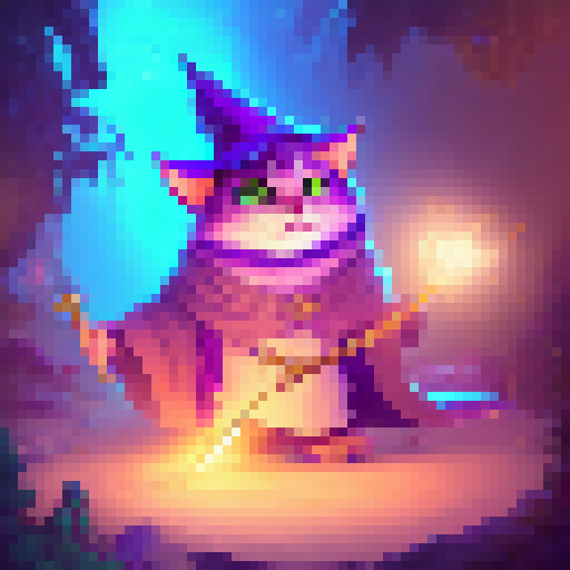 Purple wizard cat with a sparkly magic wand and a magician hat, casting a spell in a fun and cartoony fantasy RPG style.