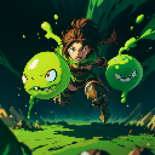 slime slamming into a hero, impact, splattering, full-body image, hero has brown hair and metal armor, slime is green, hero is in pain from the impact of the slime running into them at high speeds