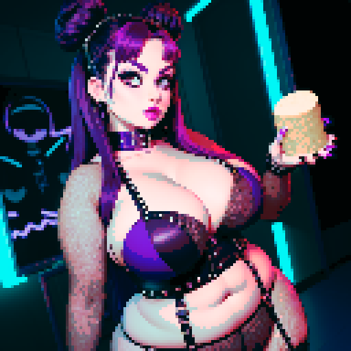 Thicc, curvy, busty goth babe with studded collar, long purple hair in buns, fishnet stockings, studded halter top, posing with tofu for photo, neon signage, sRGB