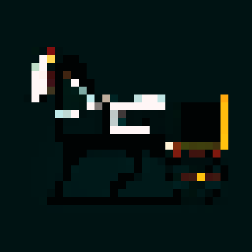 horse drawn carriage, black outlines, orthogonal camera, plain background, square platform, pixel art, sRGB