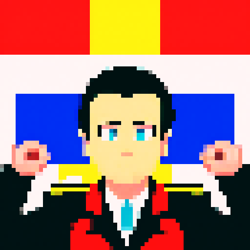 World leader, determined expression, strategizing, discussing plan, conquer the world, German flag backdrop, pixel art, vibrant colors, sRGB