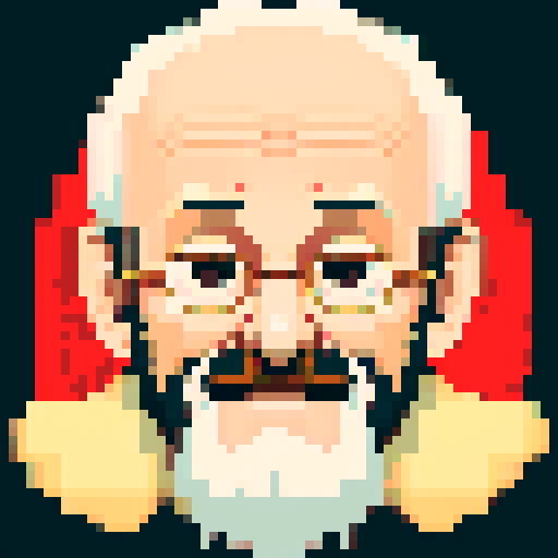 portrait, sprite art, old man, store clerk, cozy, cute, soft eyes, jolly, smoker