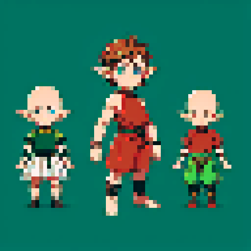 8-bit pixel art base character sheet of a chibi-style elf boy with no hair or clothes, serving as a fully customizable base model. The character has short legs and simple features