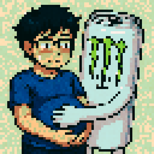 Black hair man with glasses, blushing, man pregnant anime style, White Monster Can wrapping arms around him, sRGB, pixel art