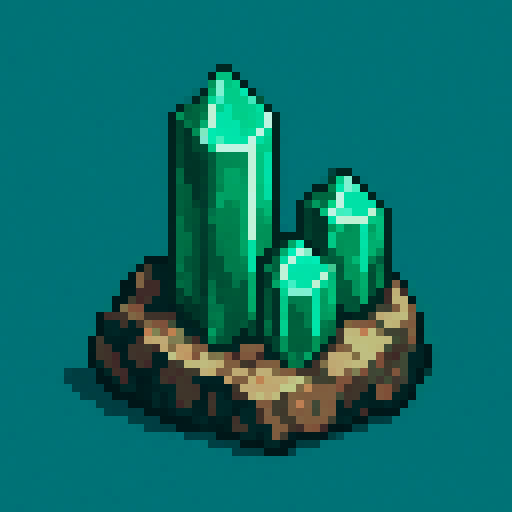 Emerald crystals embedded in a small piece of rock, hexagonal crystal pattern, solid-color background