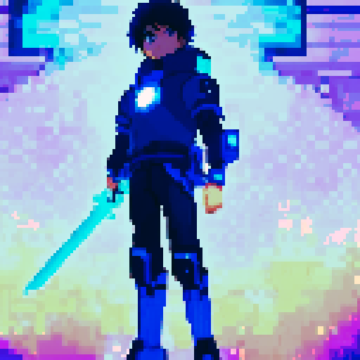 young hero with blue glowing cyber sword shonen with dark hair, astralite, anime game pixel art, A vibrant and colorful RPG-style scene with Super Nintendo graphics, featuring a 16-bit color palette and a resolution of 256x224 pixels, very detailed face, clear anime shonen style