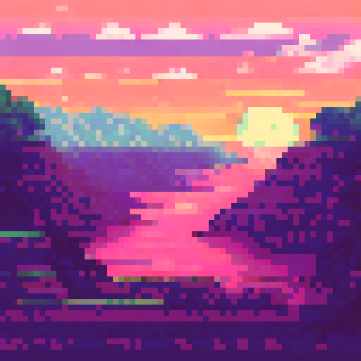 pink, sky, sunset, sRGB, pixel art, background, landscape