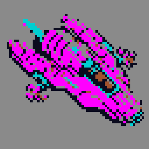 16-bit pixel art spaceship, blocky silver hull with rust patches, glowing cyan engines trailing a cyan-magenta hyperspace streak, SNES retro style, 64x64px grid, limited 16-color palette, sharp edges.

