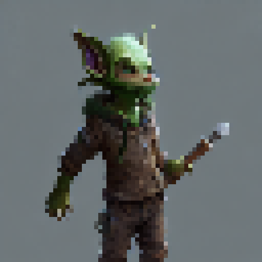 Goblin villager standing in a generic pose, ready to fight. Wearing tattered clothes and weiding a stubby club made from a stick