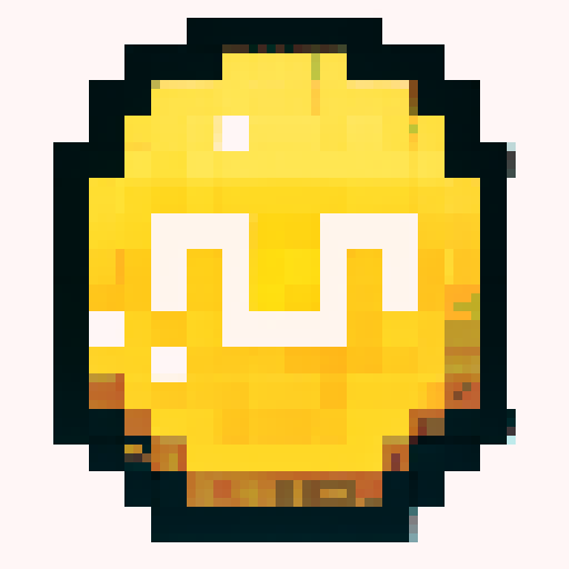 Imagine a digital, pixelated coin, shimmering with a bright golden hue. This coin has a classic round shape, resembling a traditional coin, but its surface is made up of tiny, square pixels, giving it a distinctly digital and retro video game look. The pixels catch light at various angles, making the coin glint and sparkle. On its surface, there is a simple, pixelated design – perhaps a symbol or a character – that is iconic and easy to recognize, yet rendered in a minimalist, blocky style typic