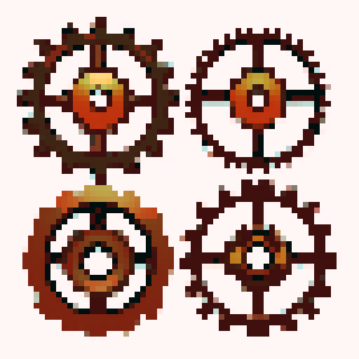 five small rusty copper gears, all different. Usable as assets (clear, thick lines and a solid color background)