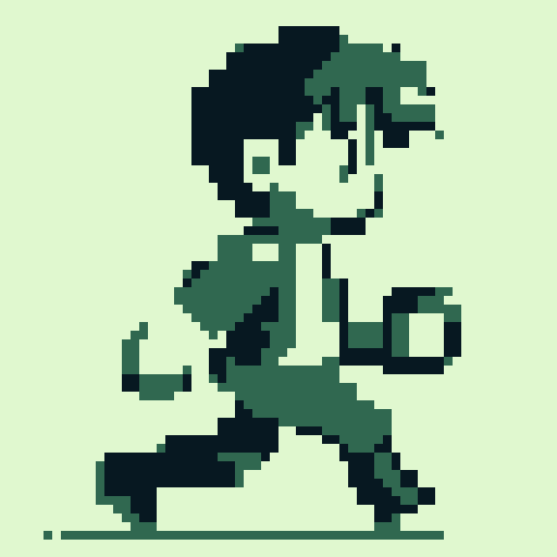 Gameboy, 8-bit sprite sheet, character walking and running cycle. profile. Male, Late 20's, slacker, dressed casually. simple. 