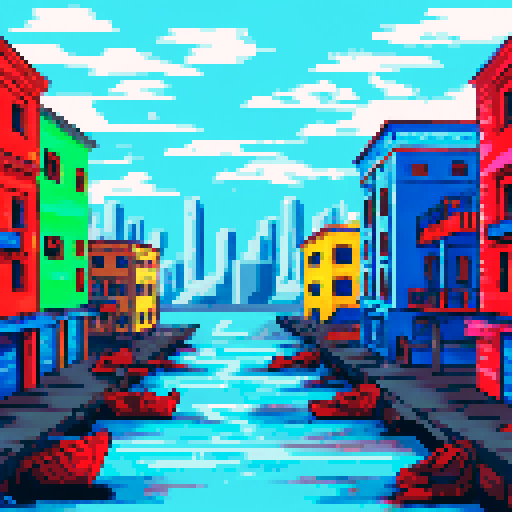 Post apocalyptic town of Old San Juan, Puerto Rico. The water from the ocean covers up to the first level of the building in town, where most buildings are either 2 or 3 stories high. Some makeshift boats are in the water, solar panels on the roofs and some small wind mills also