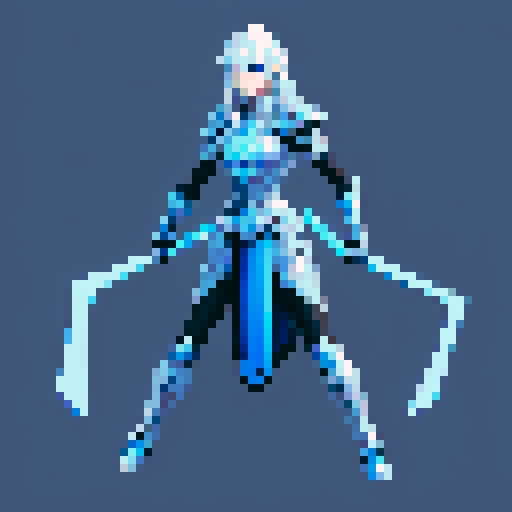 tall, slender human, silver hair, ice-blue eyes, midnight-blue armor, rune engravings, mystique, power, pixel art, sRGB, girl, 2D game stance, fantasy clothing