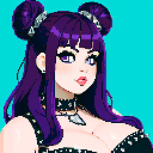Face Portrait of Thicc, curvy, busty goth babe with studded collar, long purple hair in buns, fishnet stockings, studded halter top,  pixel art, sRGB.