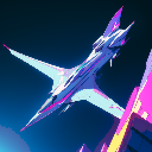 futuristic spaceship, topview, sleek and streamlined, hovering mid-air, vibrant neon lights, pixelated sRGB aesthetic