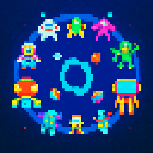 space explorers in vibrant, retro pixel art style, donning diverse space suits with various elements, against cosmic backgrounds, accompanied by unique objects and spacecrafts