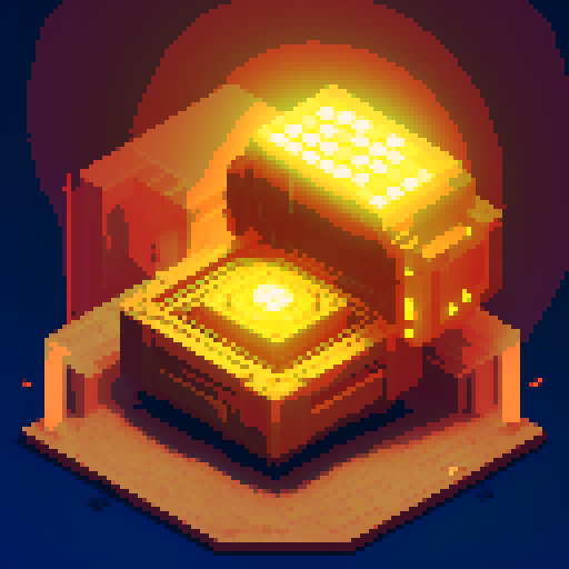 golden, glowing, lootbox, intricate details, futuristic lootbox, futuristic crate, pixel art style, sRGB