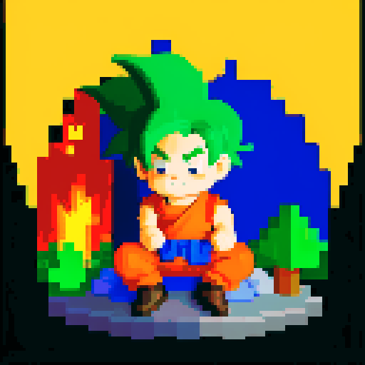16 bit style pixel art Portrait of Goku sitting down in a campfire site, lush forest, golden hour lighting, Goku gazes into the fire as the light reflects of his clothing. Behind him is a dark, ominous forest, with towering trees and faint, eerie shadows. The cozy atmosphere of the scene is illuminated by the warm, flickering light from the bonfire, rough appearance, low quality, masterpiece, bright colors, pixelated