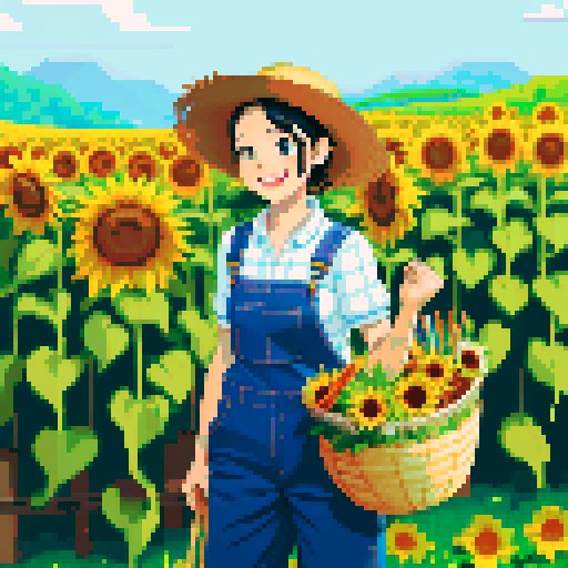 happy, female male farmer in pixel art style, black hair, surrounded by vibrant green fields, wearing worn-out denim overalls and a straw hat, holding a basket full of freshly harvested carrots and a bouquet of sunflowers, with a content smile on his face, standing next to a rustic wooden cart filled with colorful fruits and vegetables