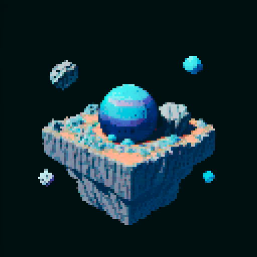 2d asteroid in empty space, metallic exterior, retro aesthetic, pixelated details, wireframe outlines, geometric shapes, low-resolution textures, pixel art style, sRGB color space View from above. 