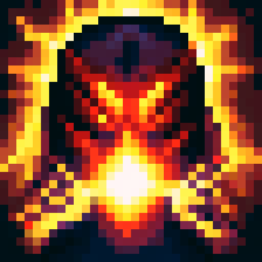 Warlock casting a fiery spell with glowing eyes and intricate runes, depicted in a pixel art close-up portrait with a dark, ominous background for a game icon.