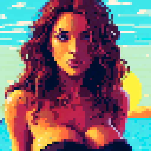 sexy beautiful model, green eyes, golden wet skin shining, orange sunset light, coy smile, tanned skin, black wavy shiny hair, 50mm portrait, sun, glamour, soft curves, ass, full wet lips, nude, nsfw, +18, sRGB, pixel art, background, landscape