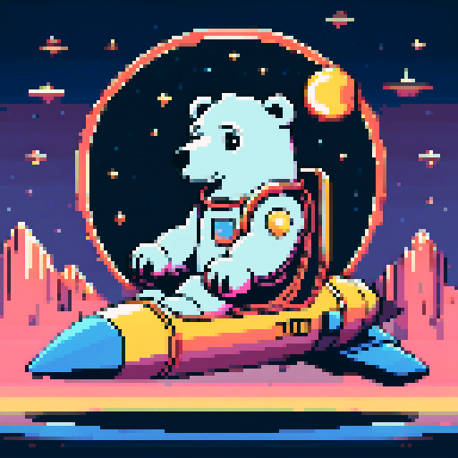 "An 8-bit pixel art of a polar bear aboard a rocket ship heading to the moon. The bear, wearing gold chains, sunglasses, and a futuristic helmet, stands confidently at the cockpit with monitors displaying cryptocurrency charts and a glowing 'To the Moon' sign. The cabin is sleek and high-tech, with stacks of crypto coins floating in zero gravity. Outside the window, the moon looms closer against a backdrop of stars, emphasizing the bear's journey as a crypto mogul."