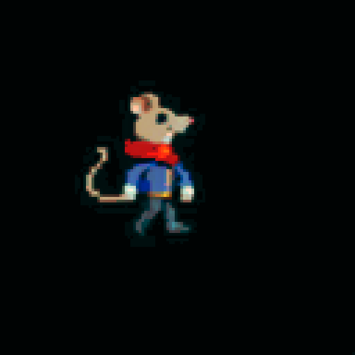 2D art style image of five mice dressed in a blue jacket, black trousers, golden belt and a red scarf running from left to right